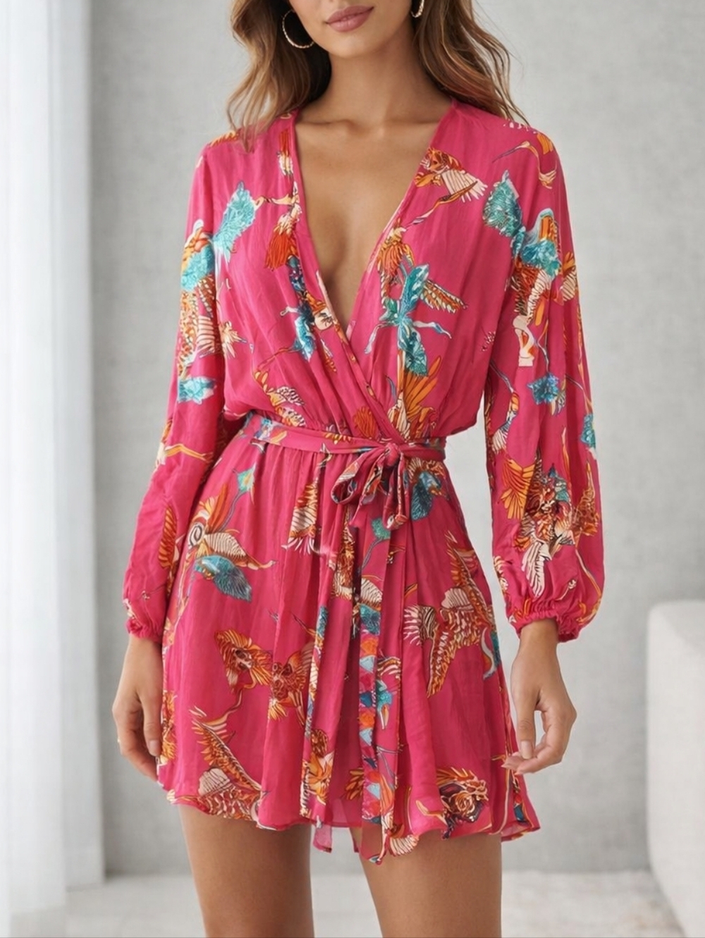 TAJ By Sabrina Crippa Alala Mini Dress - Fuxia Boho Hiro Birds - Medium